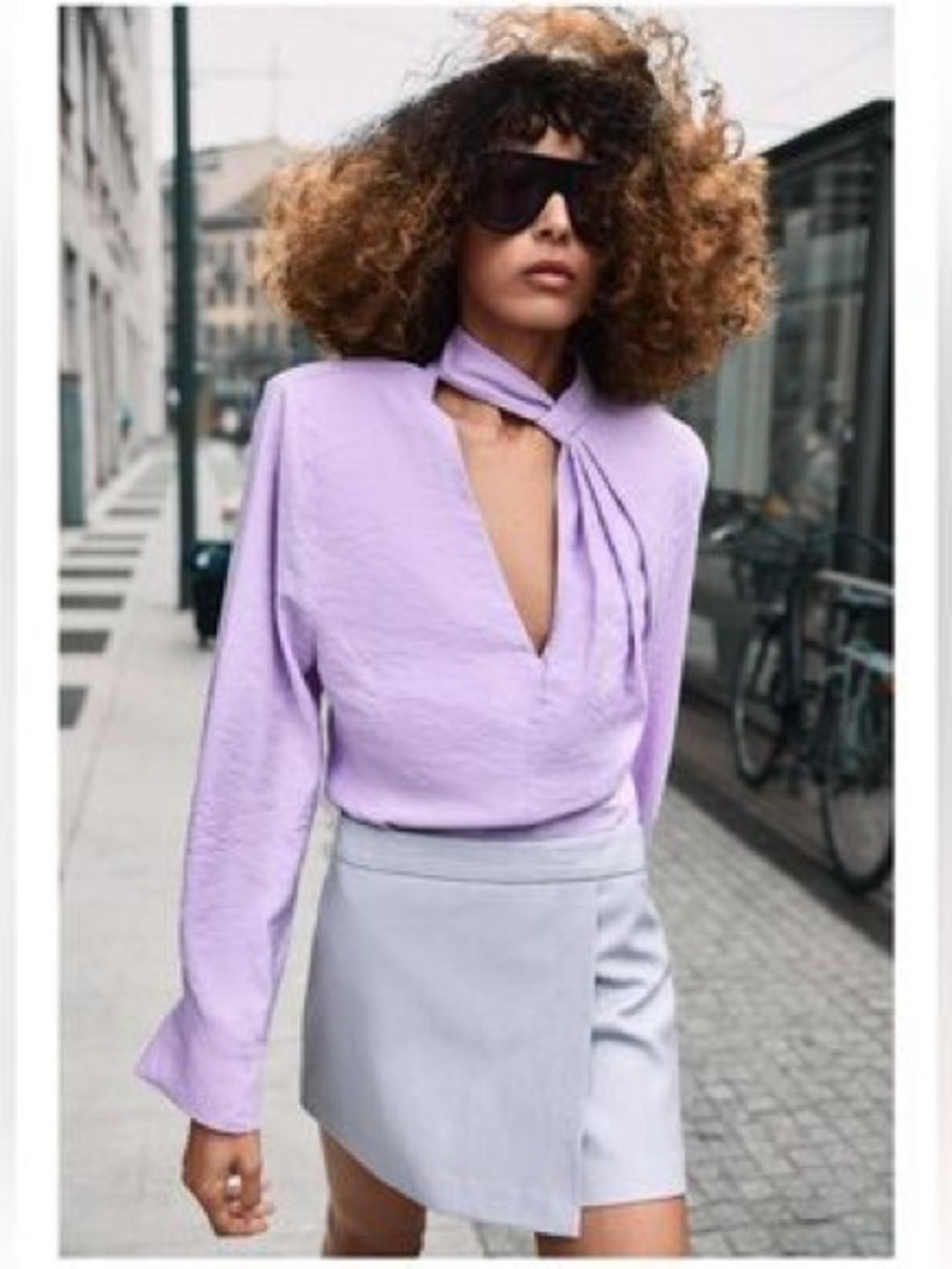 Zara Lilac Tie-Neck Long Sleeve Blouse